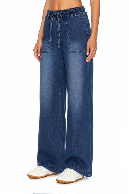 Sunzel Womens Drawstring Wide Leg Jeans Elastic Waist Denim Pants, High Waisted Pull On Baggy Casual Jean Pants with Pockets