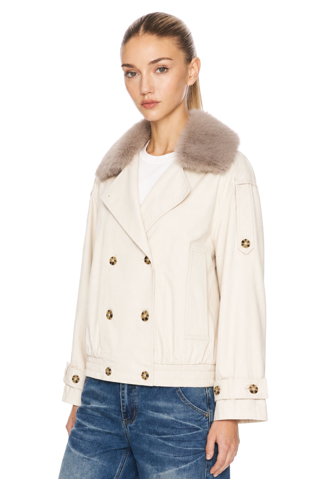 Sunzel Womens Faux Fur Collar Short Jacket Beige Double Breasted Cropped Coat Long Sleeve Fall Outerwear with Pockets