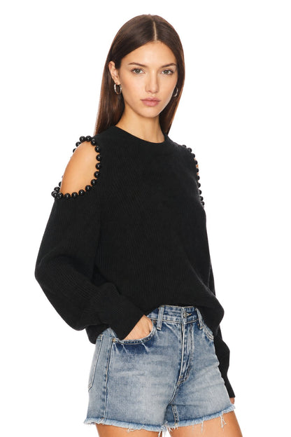 Sunzel Womens Cropped Sweater Coat Cold Shoulder Knit Top Pearl Trim Long Sleeve Crew Neck Fall Winter Going Out Outfit