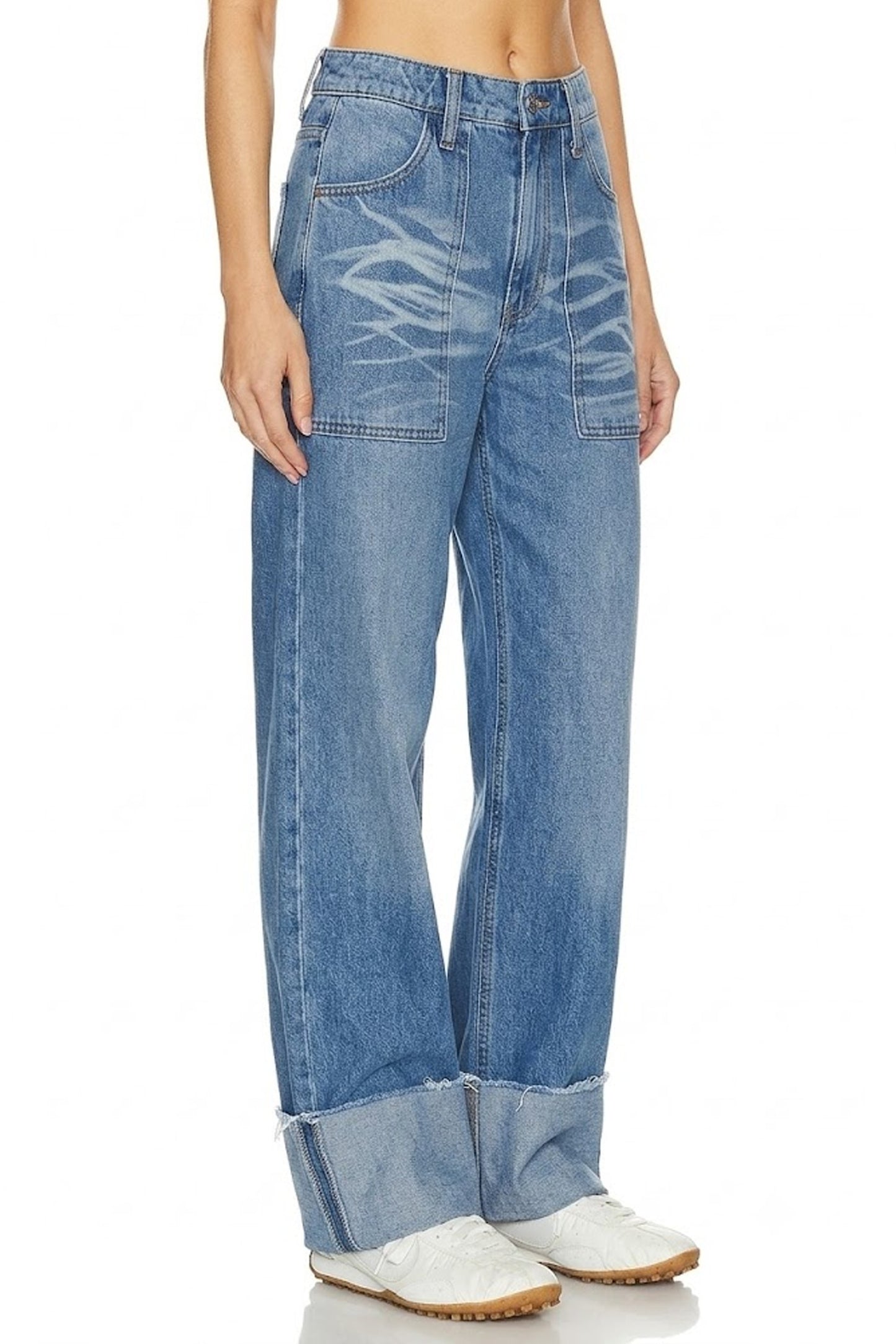 Sunzel Womens High Rise Wide Leg Jeans Cuffed Hem Washed Denim Pants with Patch Pockets
