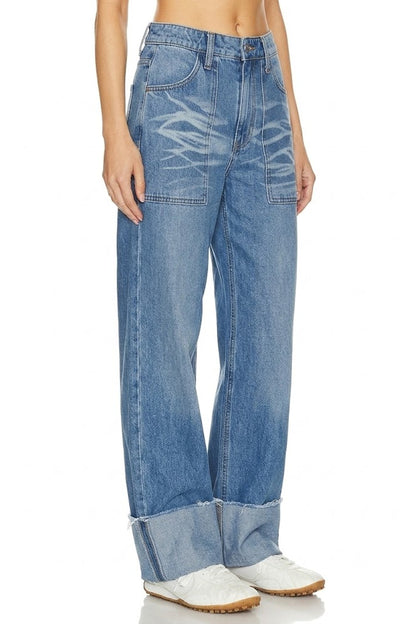 Sunzel Womens High Rise Wide Leg Jeans Cuffed Hem Washed Denim Pants with Patch Pockets