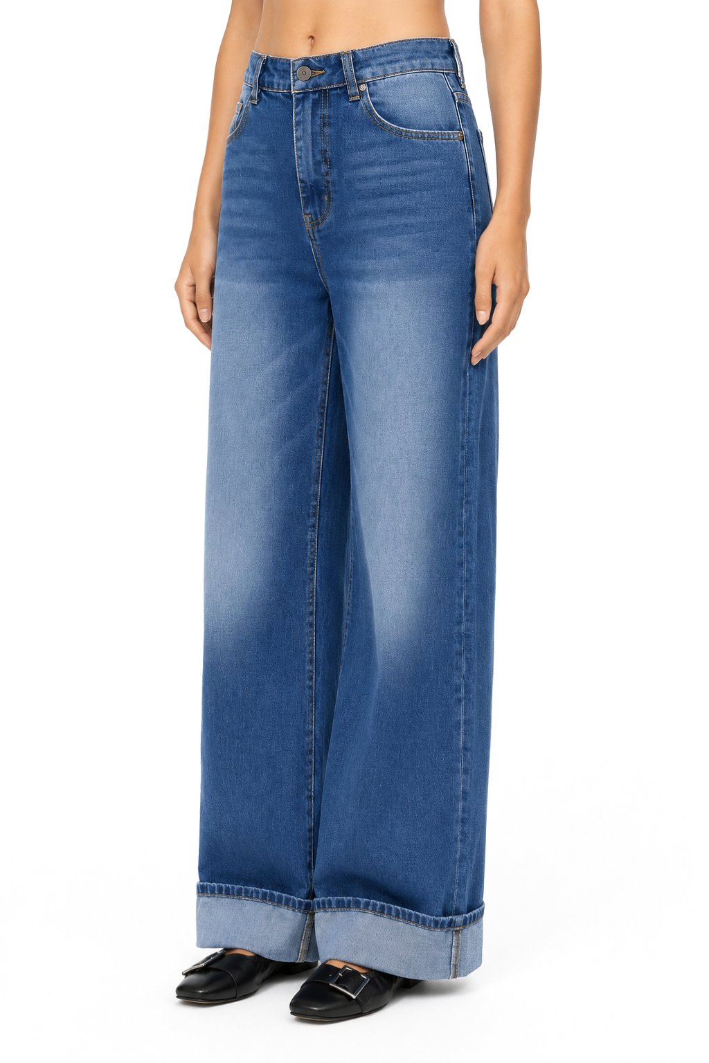Sunzel Womens Rolled Cuff Wide Leg Jeans High Waisted Denim Pants Pocket Smoothing Casual Cropped Straight Jeans