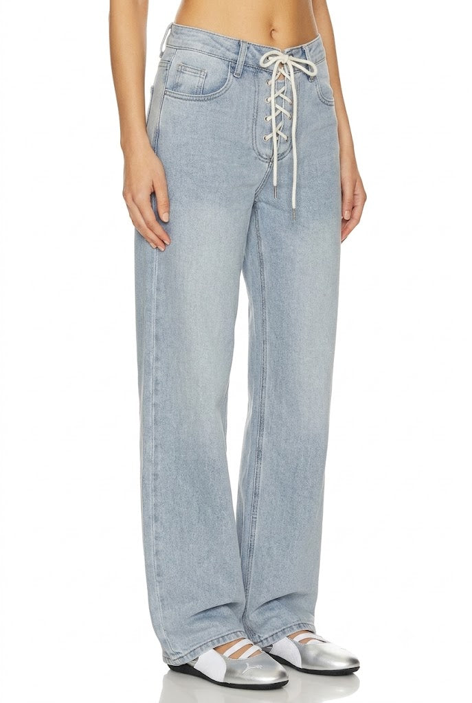 Sunzel Womens Lace Up Front Wide Leg Jeans High Waisted Denim Pants, Light Wash Loose Straight Jeans with Pockets Vintage Streetwear