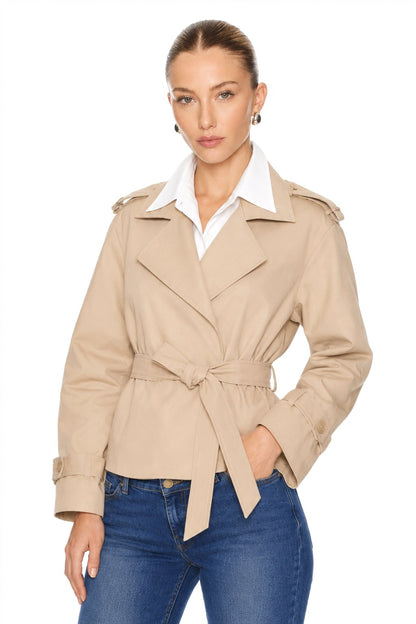 Sunzel Womens Beige Short Trench Coat Belted Lapel Button Front Fall Jacket with Pockets