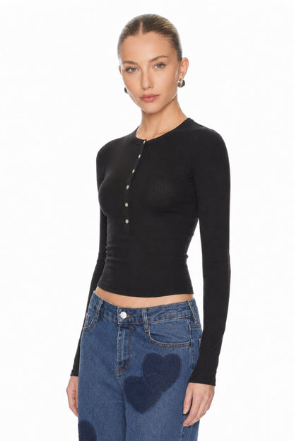 Sunzel Womens Henley Long Sleeve Crop Top Button Front Ribbed Fitted Shirt Black Basic Tee Spring Summer Going Out Top