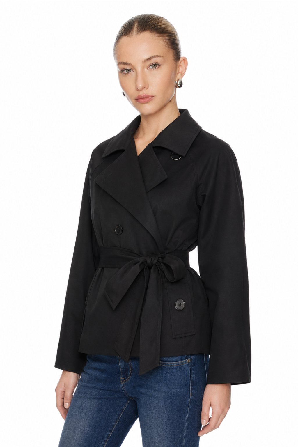Sunzel Womens Black Short Trench Coat Belted Double Breasted Lapel Fall Jacket with Flap Pockets