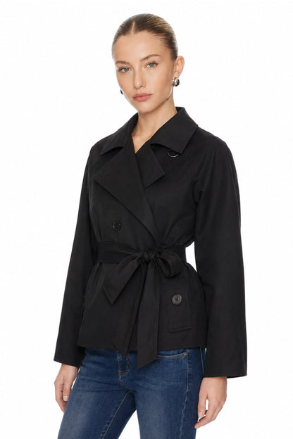 Sunzel Womens Black Short Trench Coat Belted Double Breasted Lapel Fall Jacket with Flap Pockets