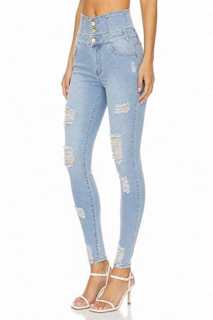 Sunzel Women's High Waisted Ripped Skinny Jeans Button Fly Stretch Denim Pants, Light Wash Distressed Slim Fit Ankle Jeans with Pockets