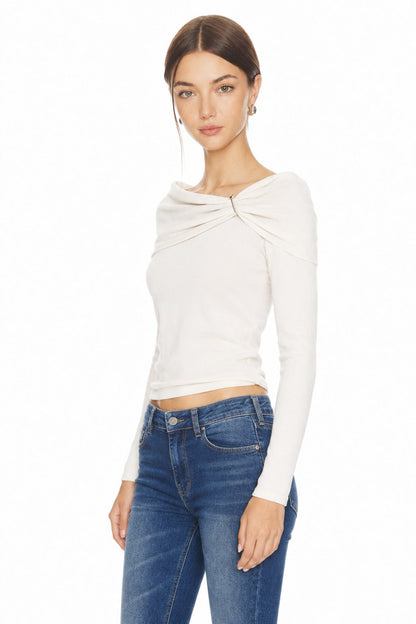 Sunzel Womens Off Shoulder Tops Bow Detail Long Sleeve Knit Shirt Smoothing Fitted Spring Summer Going Out Blouse