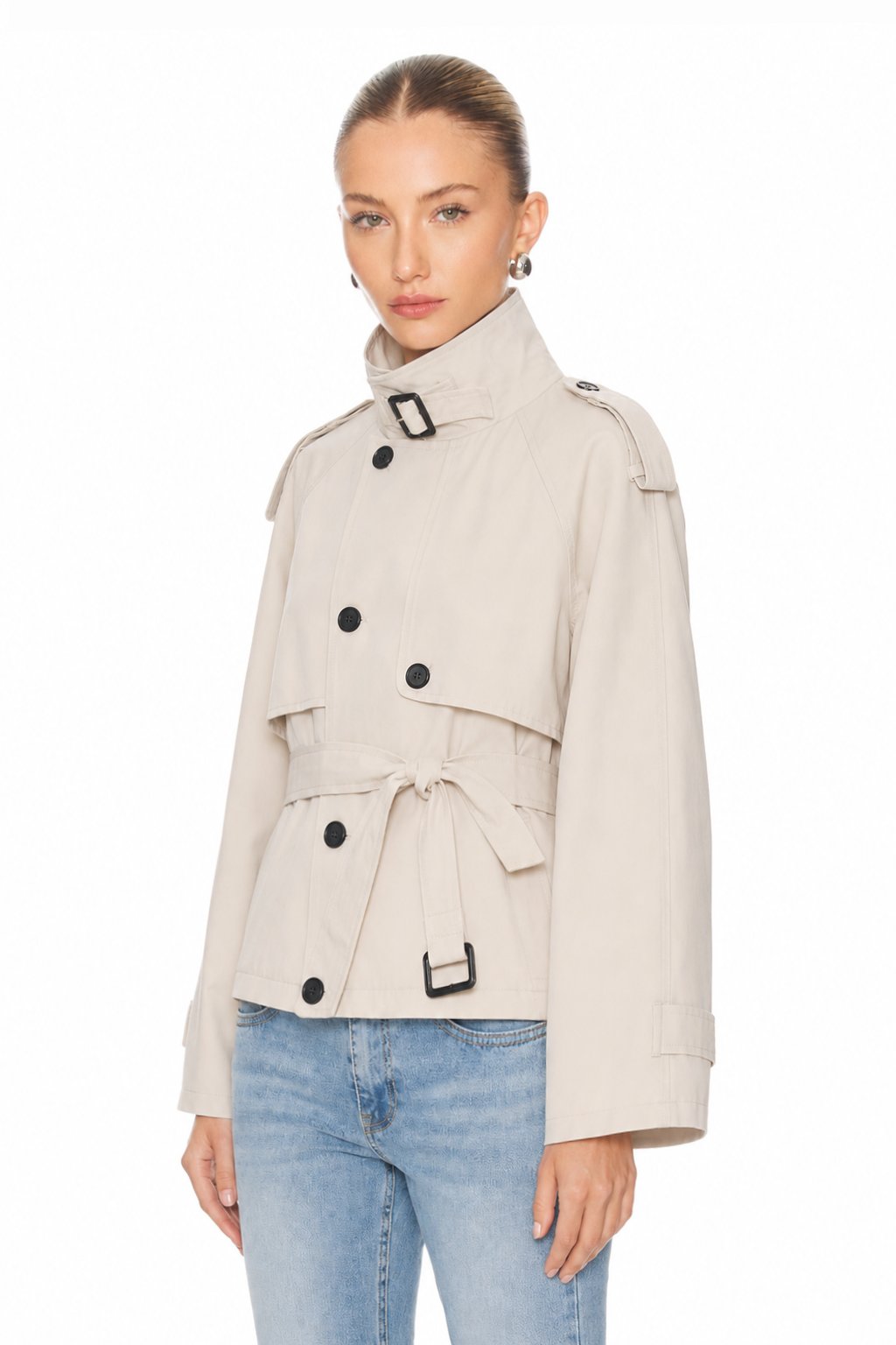 Sunzel Womens Short Trench Coat Beige Belted Stand Collar Button Front Fall Jacket No Pockets