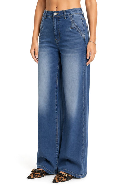 Sunzel Womens Embroidered Wide Leg Jeans High Waisted Denim Pants Pocket Smoothing Loose Stretch Casual Jeans