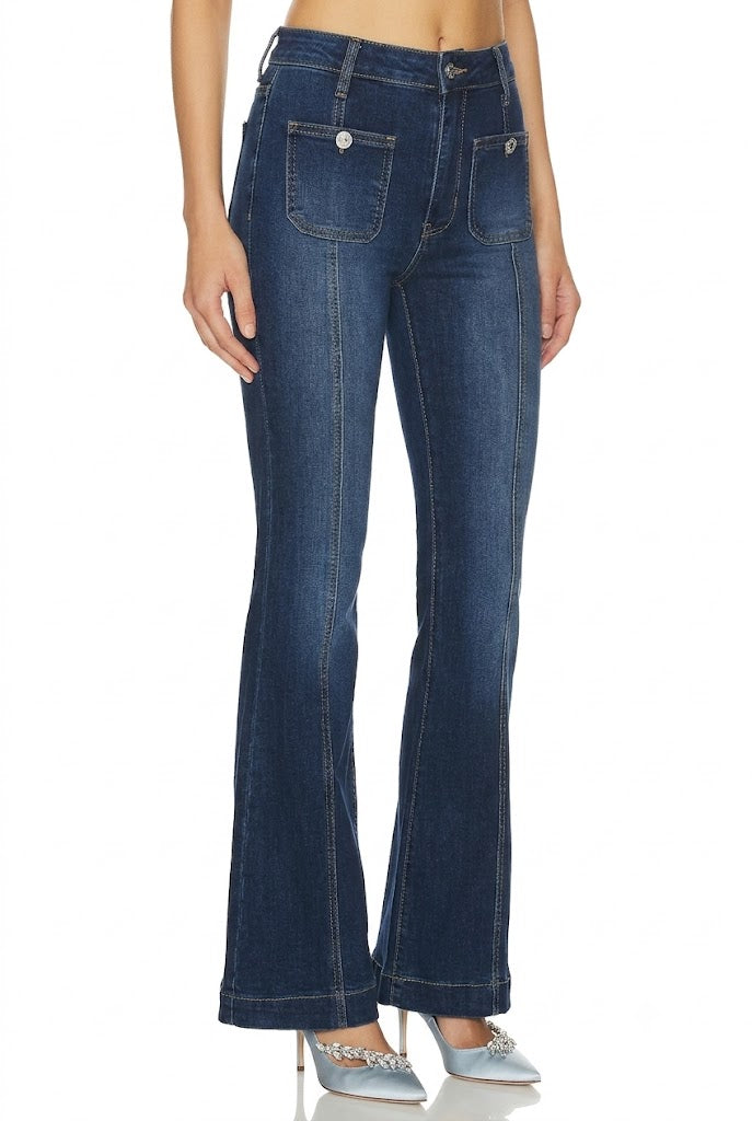 Sunzel Womens Contrast Stitch Flare Jeans High Waisted Denim Pants, Dark Wash Bootcut Jeans with Front Patch Pockets