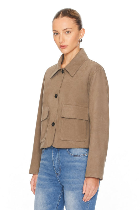 Sunzel Womens Faux Suede Jacket Cropped Button Front Flap Pockets, Spread Collar Short Fall Outerwear Dressy Casual Coat