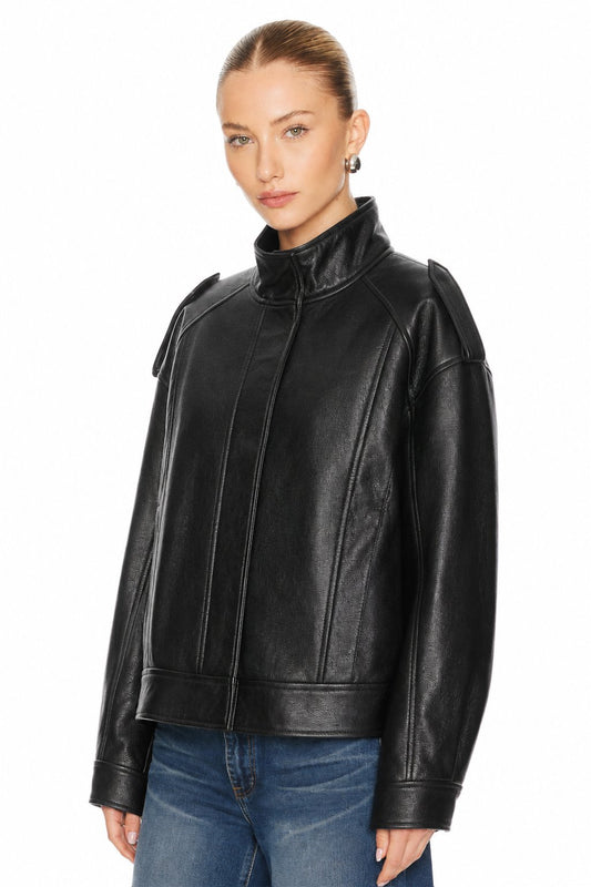 Sunzel Womens Faux Leather Jacket Black Zip Up Moto Coat Pockets, Long Sleeve Stand Collar Relaxed Short Fall Streetwear Outerwear