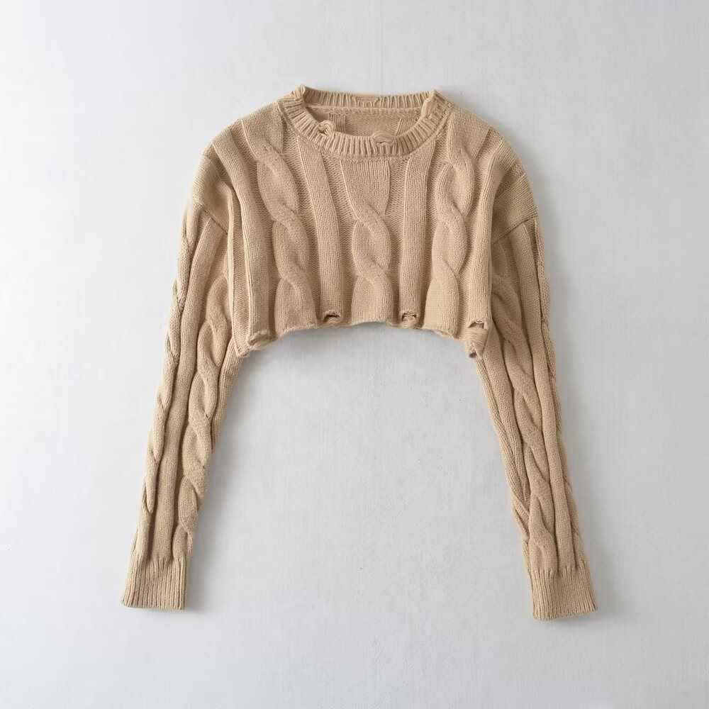 Sunzel Womens Cropped Sweater Coat Cable Knit Distressed Pullover Long Sleeve Crew Neck Fall Winter Casual Top