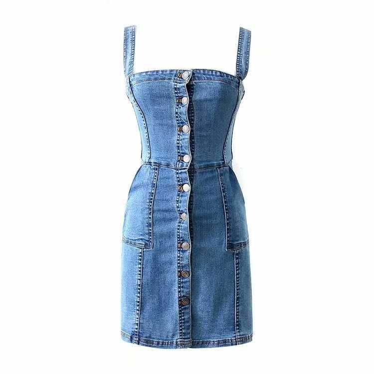 Sunzel Womens Denim Mini Dress Button Down Suspender Jean Dress Square Neck Smoothing Summer Casual Going Out Dress with Pockets