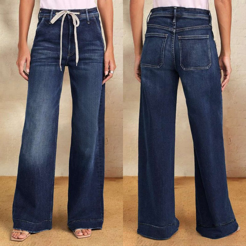 Sunzel Womens Tie Waist Wide Leg Jeans High Waisted Denim Pants Pocket Smoothing Stretch Straight Casual Jeans