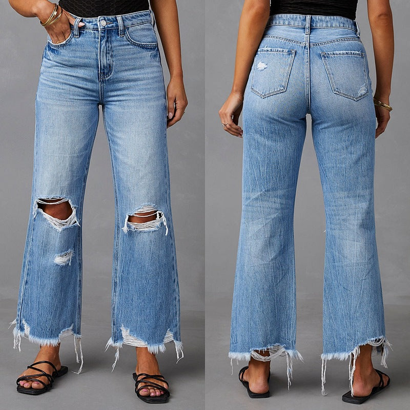 Sunzel Womens Distressed Cropped Wide Leg Jeans High Waisted Denim Pants Frayed Hem Pocket Smoothing Casual Jeans