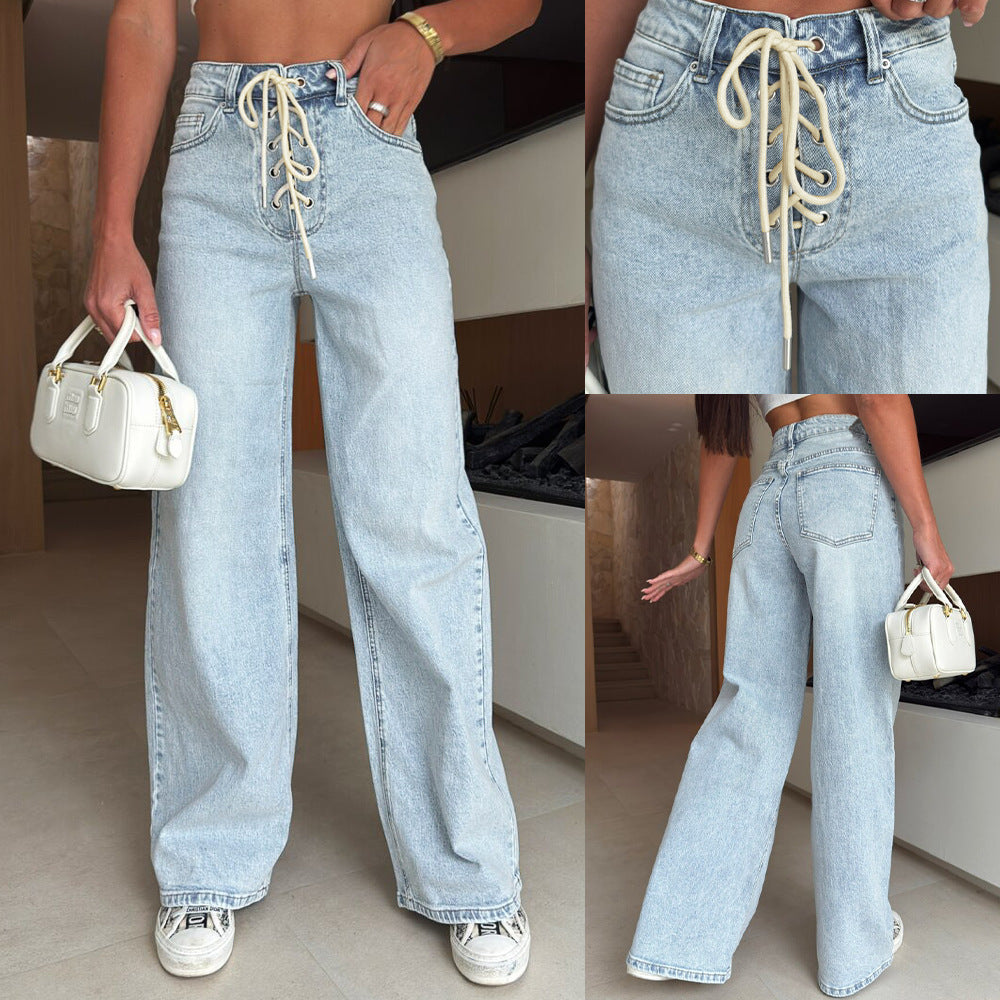Sunzel Womens Lace Up Jeans High Waisted Wide Leg Denim Pants Drawstring Front Pocket Smoothing Casual Vintage Jeans