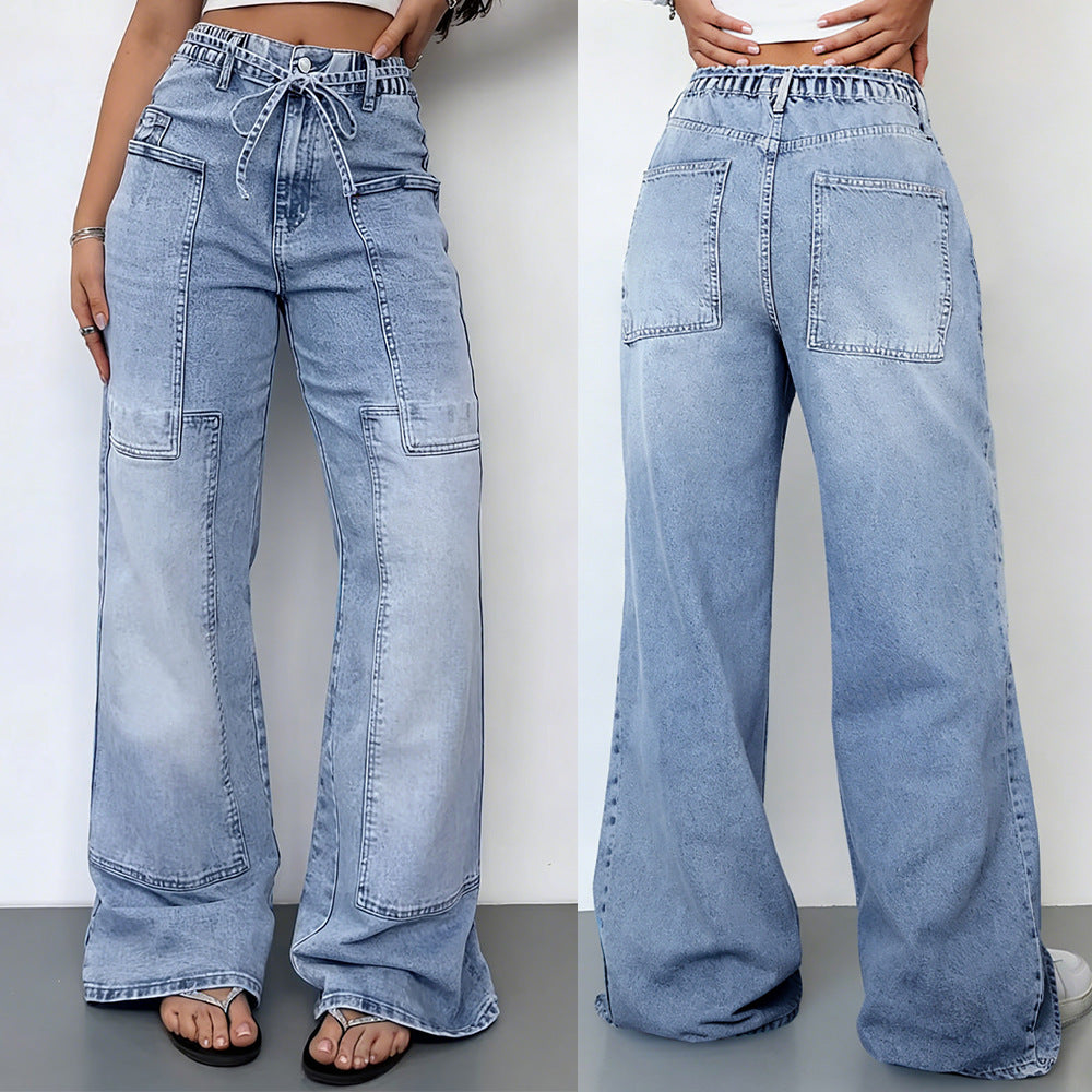 Sunzel Womens Drawstring Wide Leg Jeans High Waisted Denim Pants Cargo Pocket Smoothing Loose Street Jeans