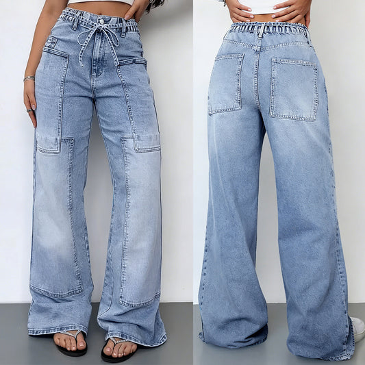 Sunzel Womens Drawstring Wide Leg Jeans High Waisted Denim Pants Cargo Pocket Smoothing Loose Street Jeans