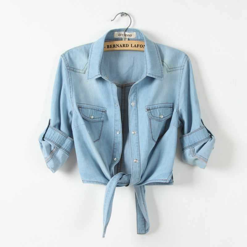 Sunzel Women's Denim Shirt, Point Collar Snap Button Front Tie Knot Hem Roll Up Sleeve Chambray Top with Chest Pockets