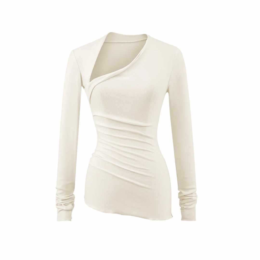 Sunzel Womens Going Out Tops Asymmetrical Neck Long Sleeve Ruched Fitted Shirt Smoothing Spring Summer Date Night Blouse