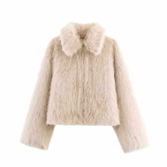 Sunzel Womens Faux Fur Coat Cropped Jacket Plush Turn Down Collar Long Sleeve Smoothing Fall Winter Dressy Casual Outerwear