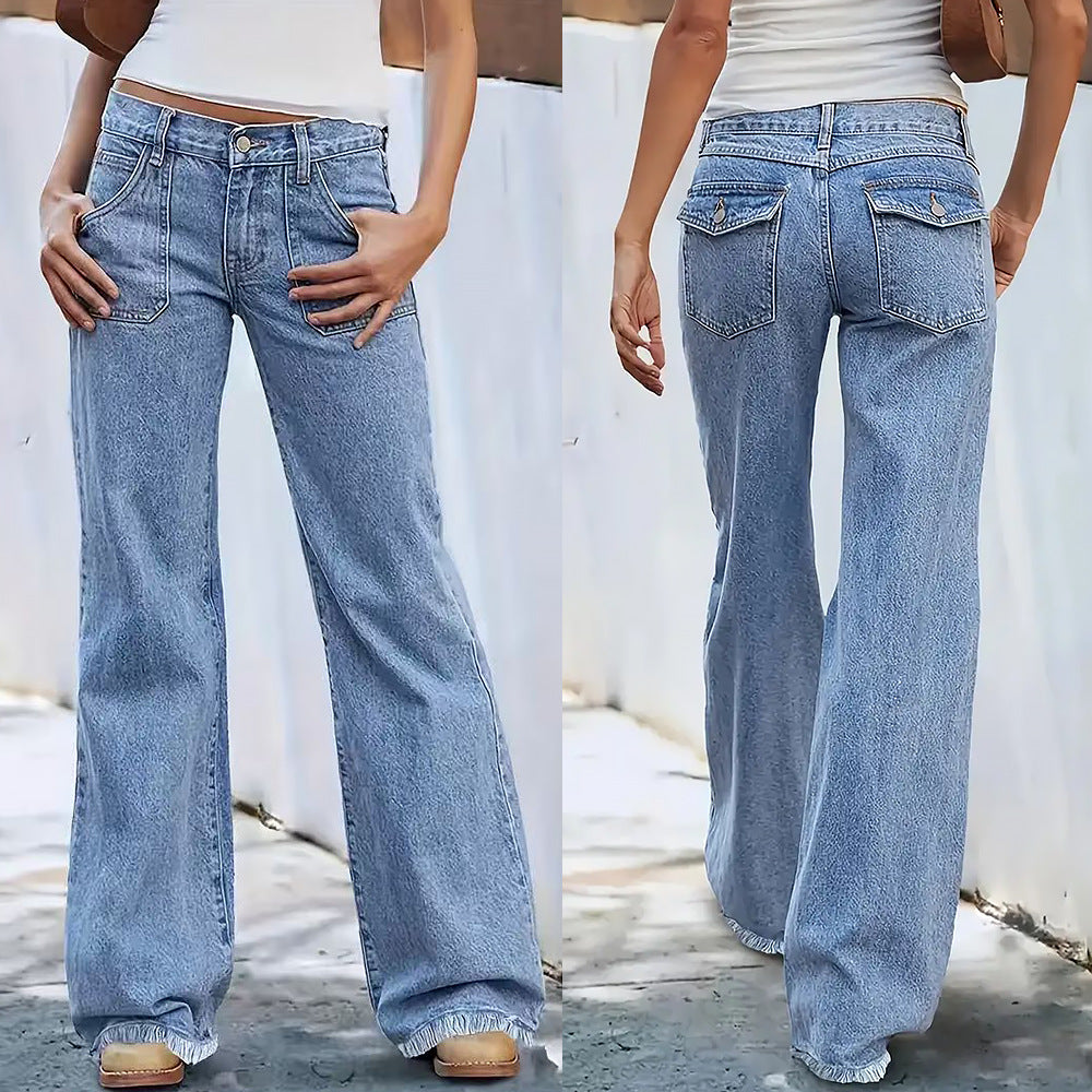 Sunzel Womens Frayed Hem Wide Leg Jeans High Waisted Denim Pants Large Pocket Smoothing Loose Casual Vintage Jeans