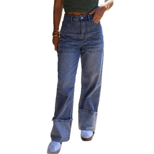 Sunzel Women's High Rise Wide Leg Cuffed Jeans, Frayed Raw Cuff Hem Straight Leg Washed Denim Pants with Patch Pockets