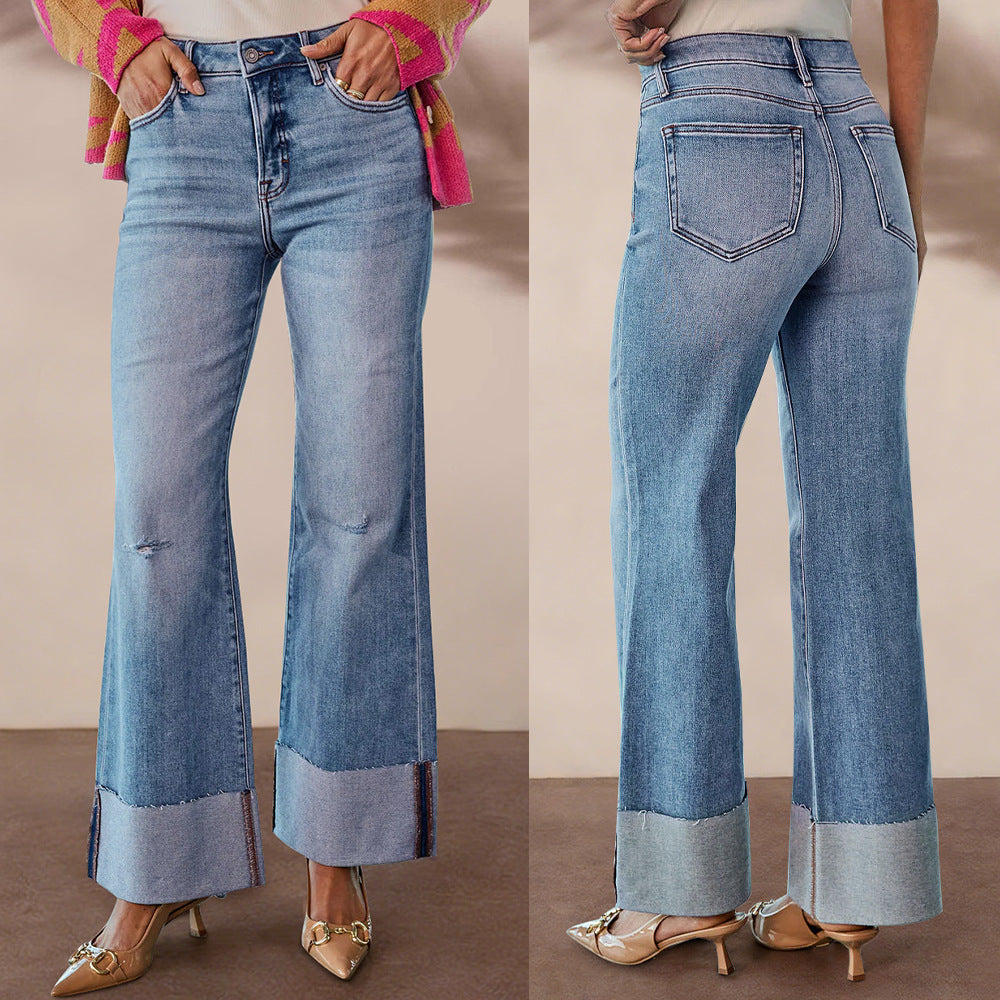 Sunzel Womens Patchwork Wide Leg Jeans High Waisted Denim Pants Rolled Cuff Distressed Pocket Smoothing Casual Jeans