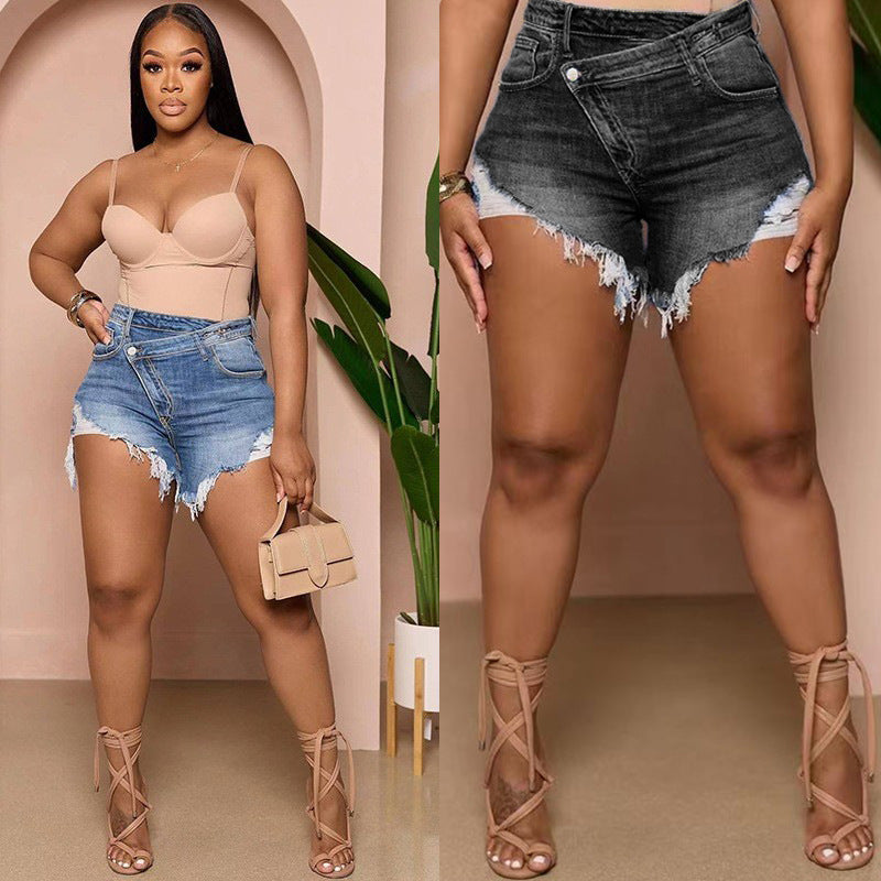 Sunzel Womens Crossover Denim Shorts High Waisted Ripped Jean Shorts Distressed Raw Hem Smoothing Summer Casual Vacation Shorts