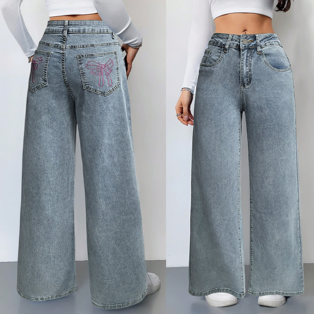 Sunzel Womens Bow Embroidered Wide Leg Jeans High Waisted Denim Pants Pocket Smoothing Loose Casual Straight Jeans