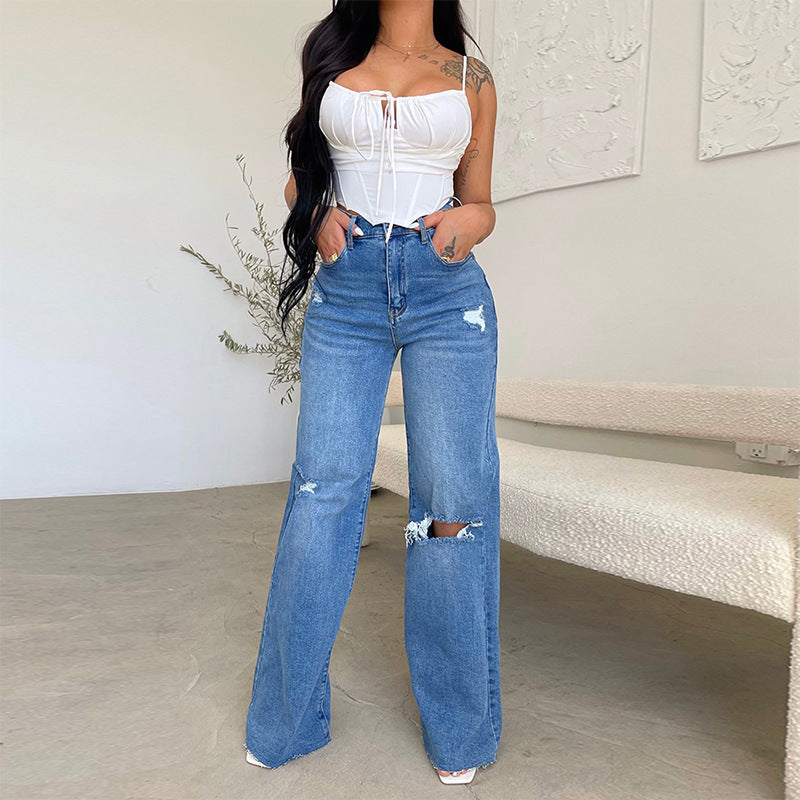 Sunzel Womens Ripped Wide Leg Jeans High Waisted Denim Pants Frayed Hem Pocket Smoothing Casual Street Jeans