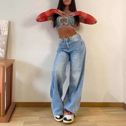 Sunzel Women's Baggy Wide Leg Jeans, Low Rise Washed Loose Fit Straight Leg Denim Pants with Pockets Y2K Streetwear