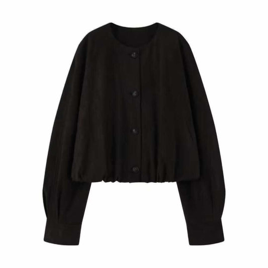 Sunzel Women's Collarless Cropped Suede-Touch Jacket, Balloon Sleeve Button Down Fall Lightweight Outerwear with Pockets