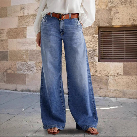 Sunzel Womens Embroidered Wide Leg Jeans High Waisted Denim Pants Pocket Smoothing Loose Stretch Casual Jeans
