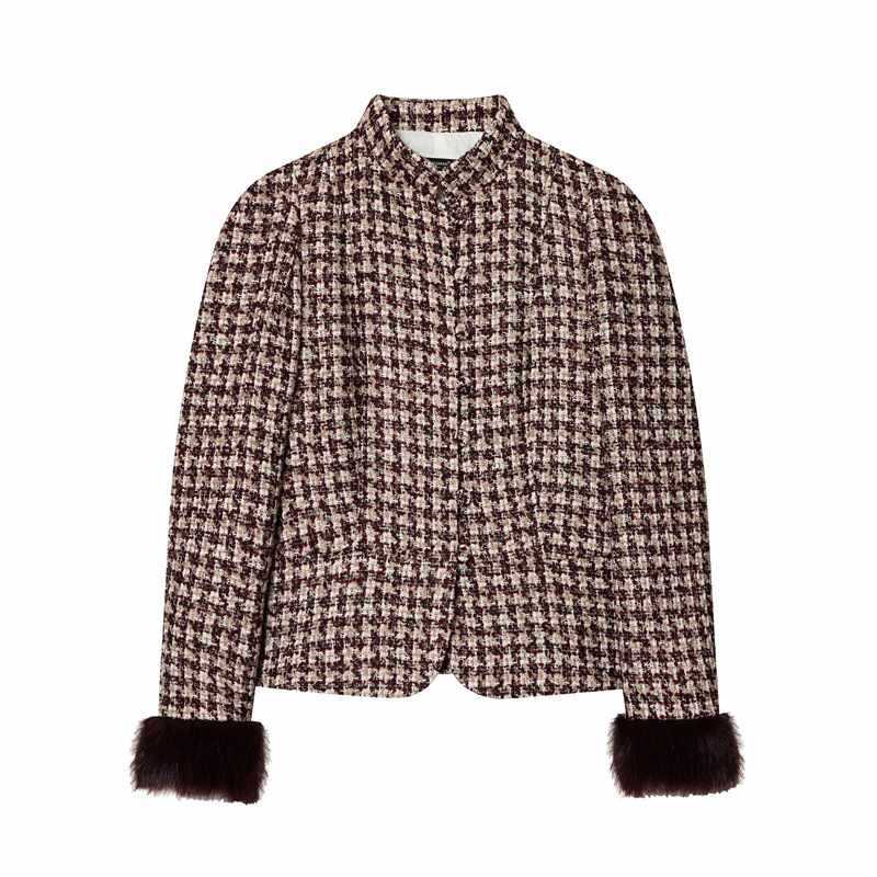 Sunzel Womens Tweed Coat Cropped Plaid Trench Style Short Winter Outerwear with Faux Fur Cuffs Dressy Casual Jacket
