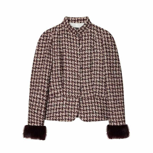 Sunzel Womens Tweed Coat Cropped Plaid Trench Style Short Winter Outerwear with Faux Fur Cuffs Dressy Casual Jacket