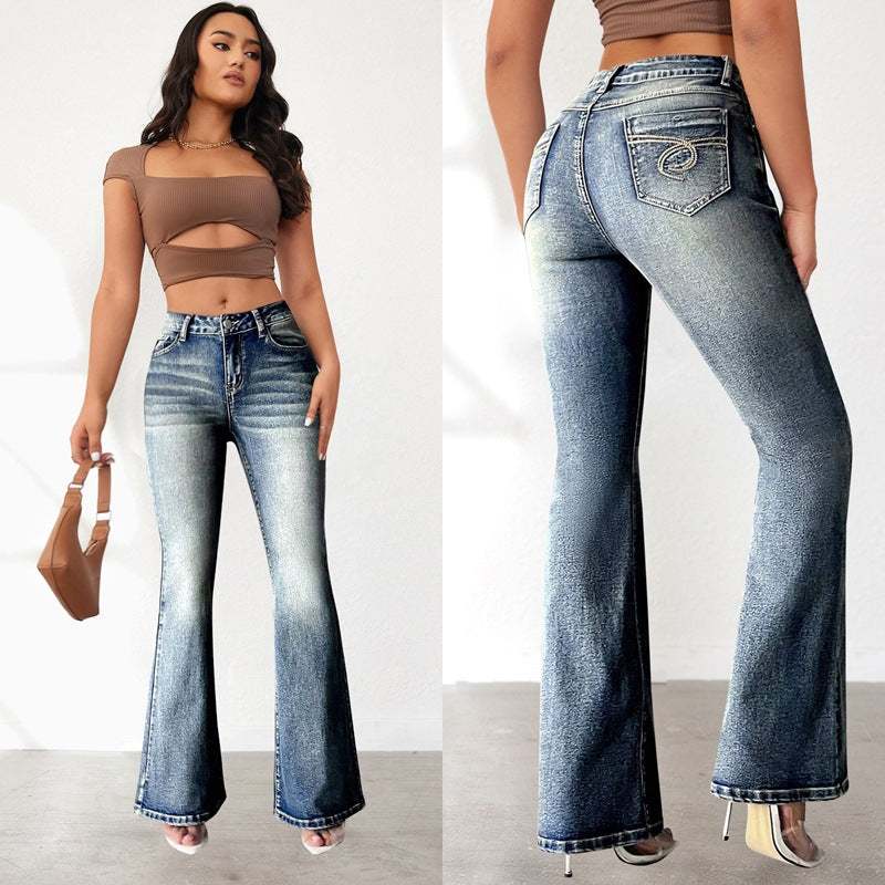 Sunzel Womens Vintage Flare Jeans High Waisted Stretch Denim Pants Embroidered Pocket Smoothing Slim Going Out Jeans