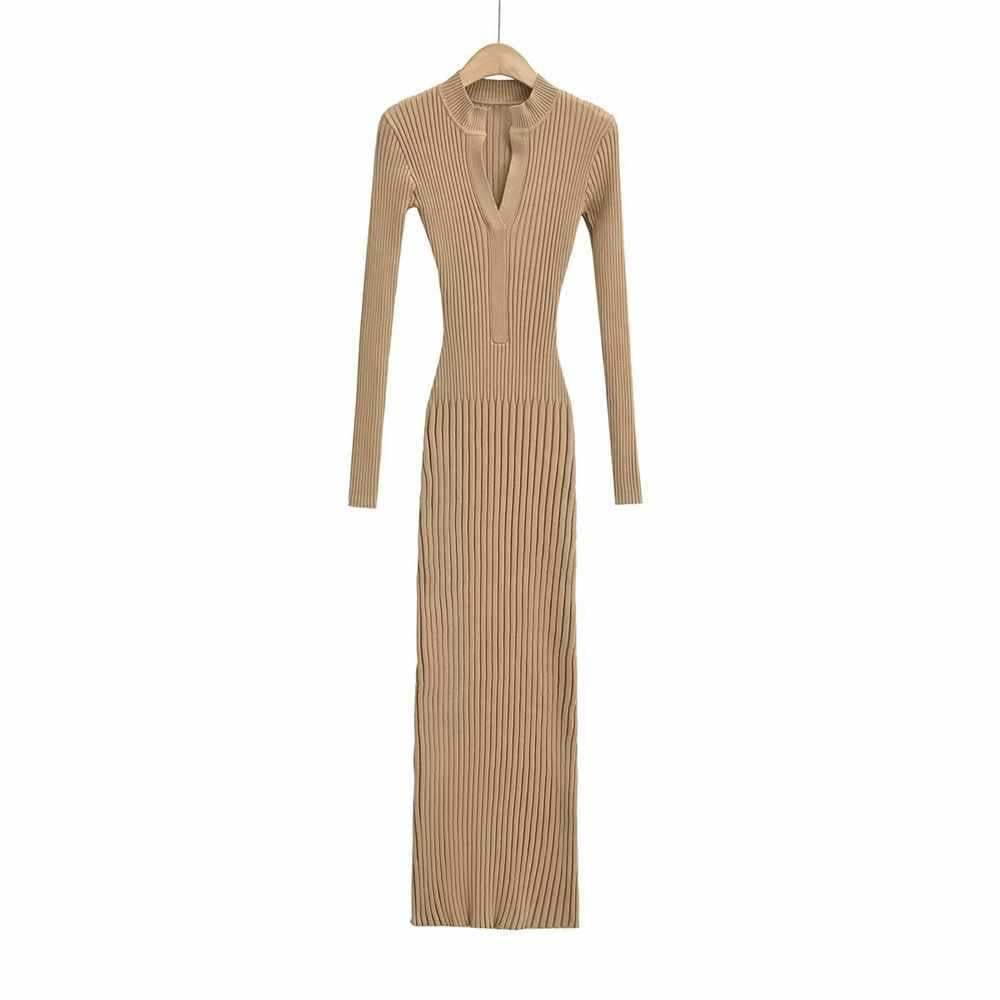 Sunzel Womens Ribbed Sweater Dress Long Sleeve Bodycon Maxi Dress Mock Neck V Cut Smoothing Fall Winter Going Out Knit Dress