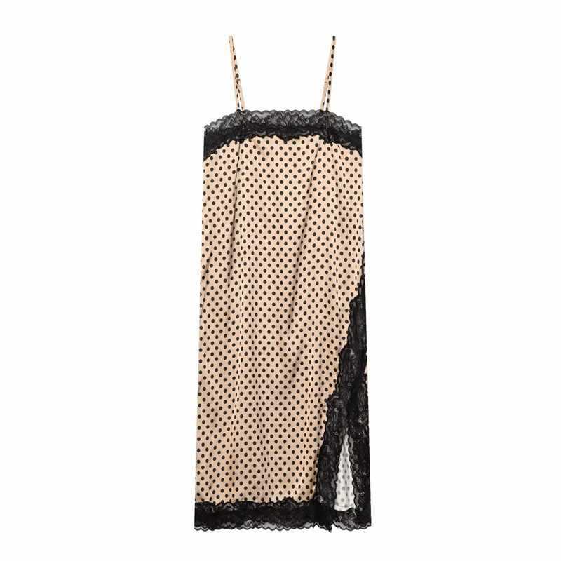 Sunzel Womens Lace Trim Slip Dress Spaghetti Strap Polka Dot Midi Dress Side Slit Smoothing Summer Going Out Party Dress