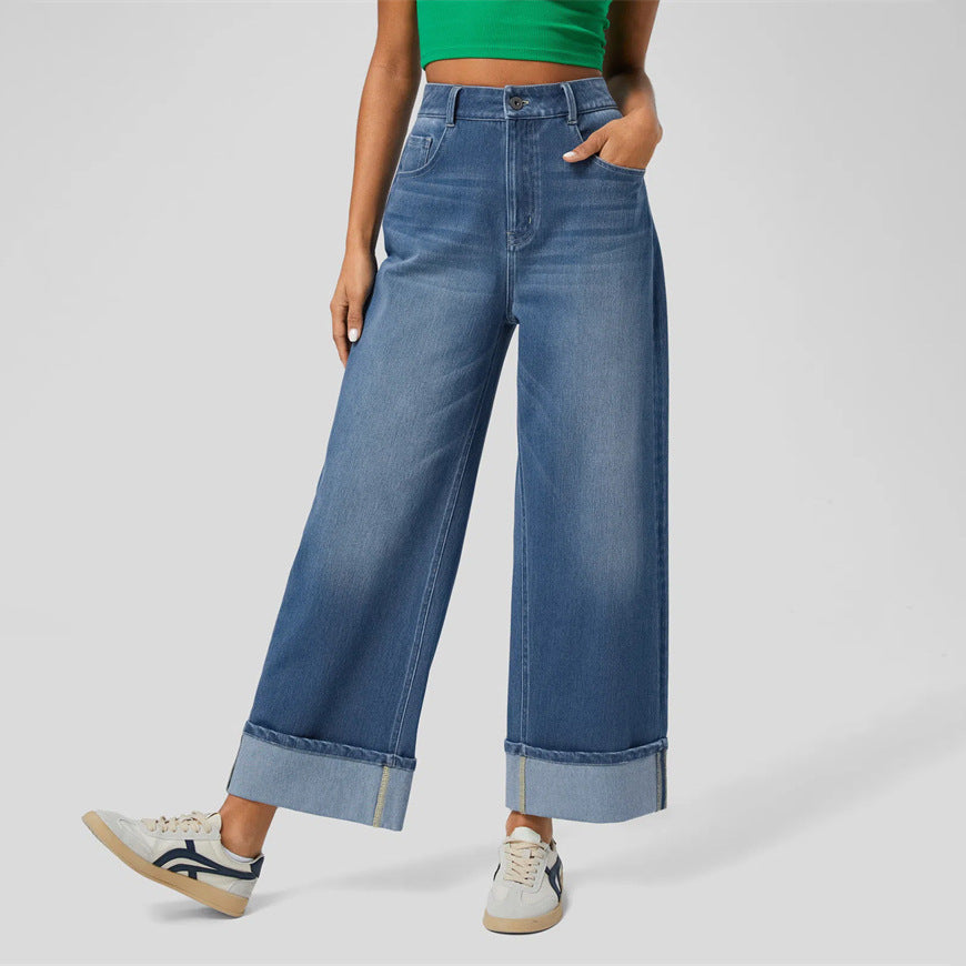 Sunzel Womens Rolled Cuff Wide Leg Jeans High Waisted Denim Pants Pocket Smoothing Casual Cropped Straight Jeans