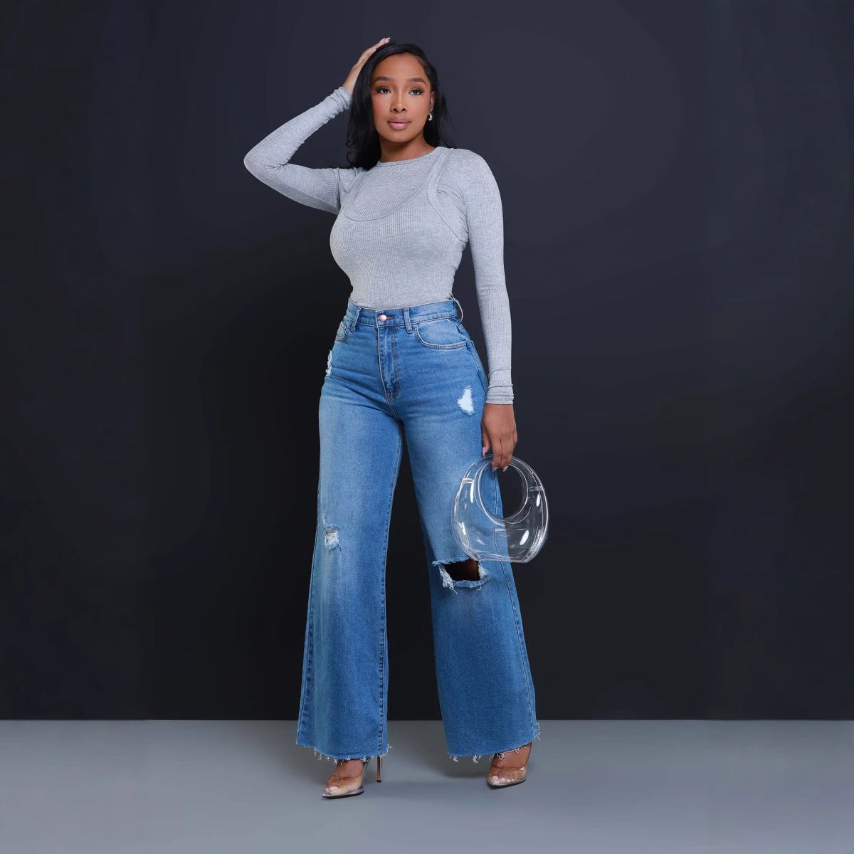 Sunzel Womens Ripped Wide Leg Jeans High Waisted Denim Pants Raw Hem Pocket Smoothing Loose Straight Casual Jeans