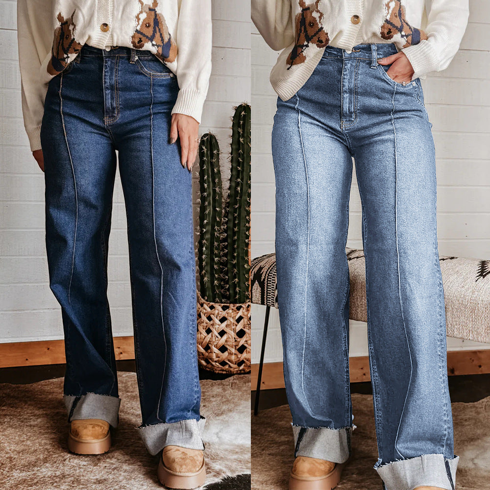 Sunzel Womens Cuffed Wide Leg Jeans High Waisted Denim Pants Front Seam Pocket Smoothing Vintage Straight Jeans