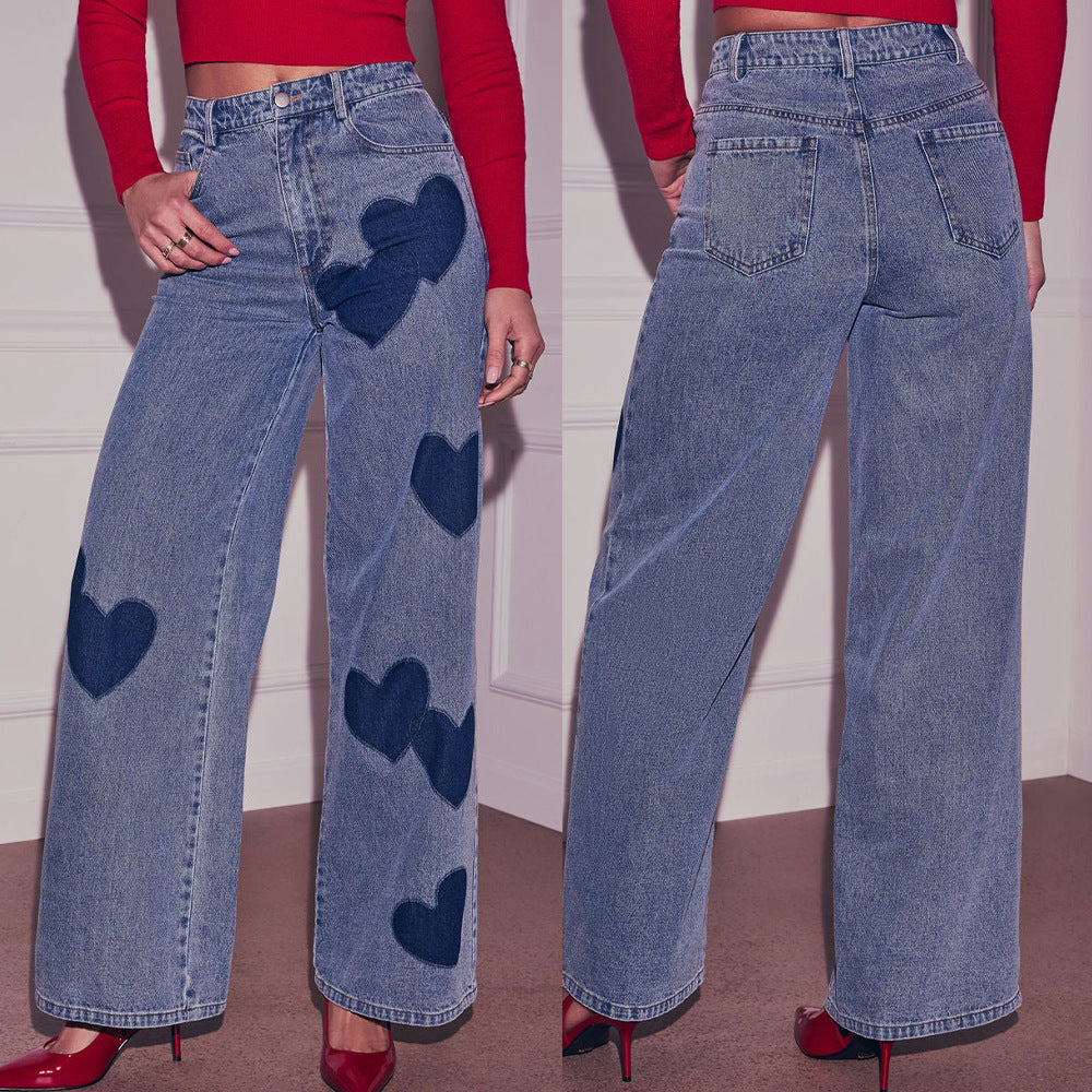 Sunzel Womens Heart Pocket Baggy Jeans High Waisted Wide Leg Denim Pants Smoothing Casual Y2K Vintage Going Out Jeans