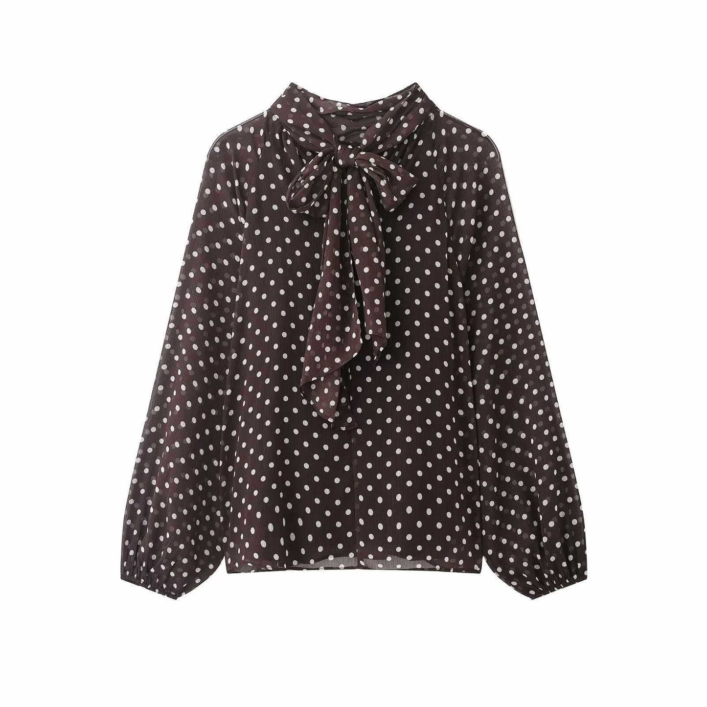 Sunzel Women's Polka Dot Chiffon Blouse, Pussy Bow Tie Neck Long Puff Balloon Sleeve Sheer Loose Fit Dressy Office Top