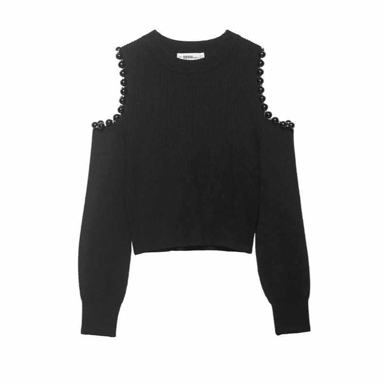 Sunzel Womens Cropped Sweater Coat Cold Shoulder Knit Top Pearl Trim Long Sleeve Crew Neck Fall Winter Going Out Outfit