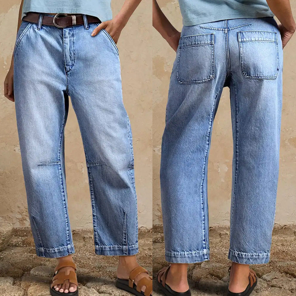 Sunzel Womens Cropped Wide Leg Jeans High Waisted Denim Pants Pocket Smoothing Relaxed Straight Casual Jeans