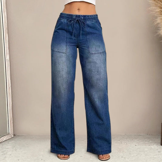 Sunzel Womens Drawstring Wide Leg Jeans High Waisted Denim Pants Elastic Waist Pocket Smoothing Relaxed Straight Jeans
